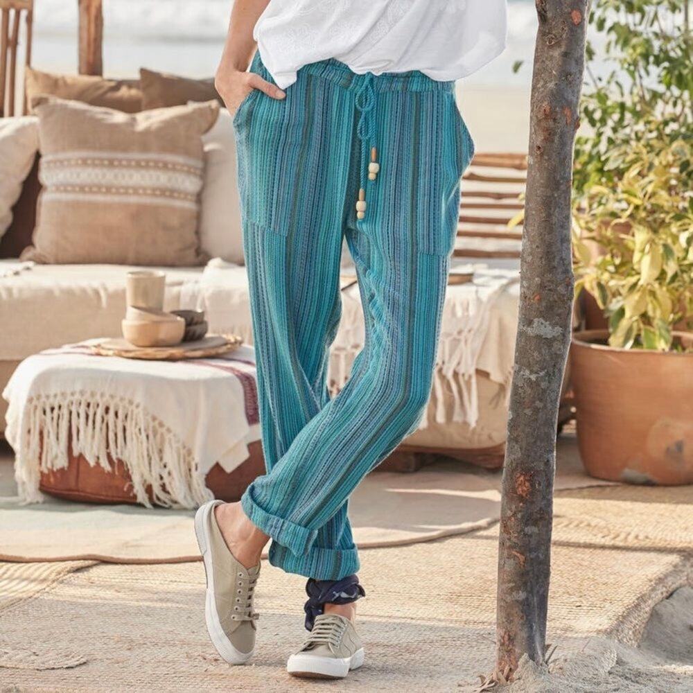 NWT Sundance Bakari Ocean Stripe Boho Drawstring Pull On Relaxed Pants Size L